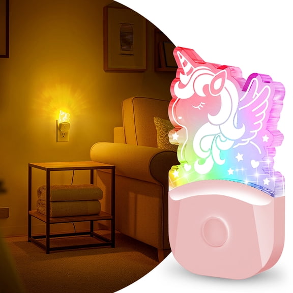 YANSUN Pink Unicorn Multicolor RGB Kids Night Light 0.5-Watt Integrated LED Plug-In Night Light with Light Sensor, Warm White 3000K, 1-Pack