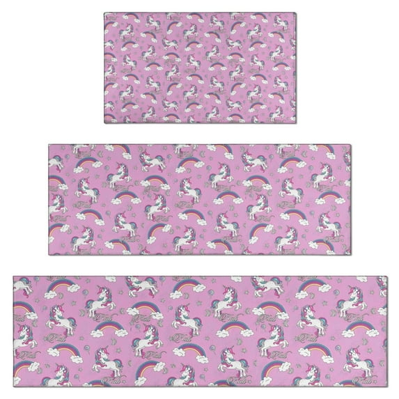 Pink Unicorn Rainbow Cloud Pattern Kitchen Rugs Sets Of 3,Kitchen Runner Rugs Non Skid Washable,Decorative Kitchen Floor Mats for Kitchen,Sink,Laundry,17"x30"+ 17"x47" + 17"x59"