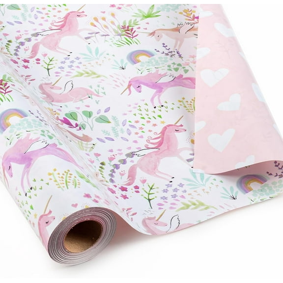Pink Unicorn Wrapping Paper- Mini Roll - 17 InchX 32.8 Feet - Colorful Plants Florals, Pink Heart Reversible Girls Gift Paper for Birthday, Baby Shower, Party, Holiday, Party