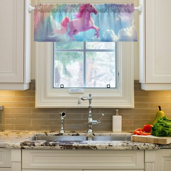 Pink Unicorn and Rainbow Curtain Valances Farmhouse Design Window Treatment Decor Blackout Rod Pocket for Windows Living Room Kitchen 54" x 18"