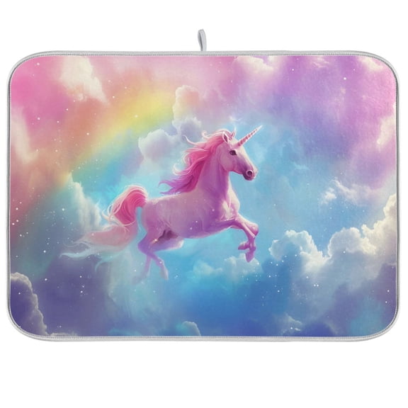 Pink Unicorn and Rainbow Dish Drying Mat Dish Drainer Rack Mats Water Absorbent Non-Slip Easy Clean Heat Resistant for Kitchen Counter