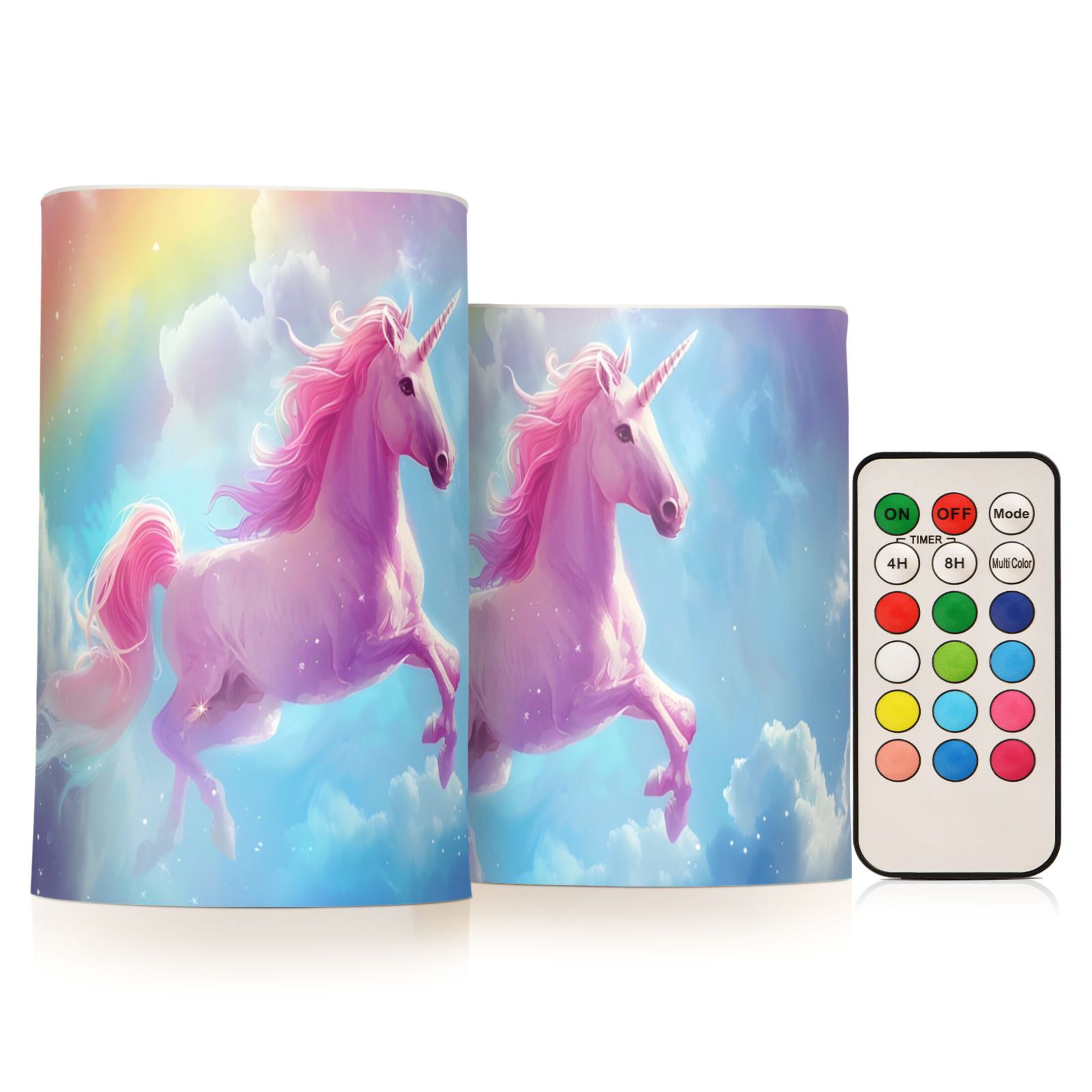 Pink Unicorn and Rainbow Flameless Candles&nbsp;LED Lights Battery Operated Candles with Remote and Timers Flicker Lights Votive Set of 2