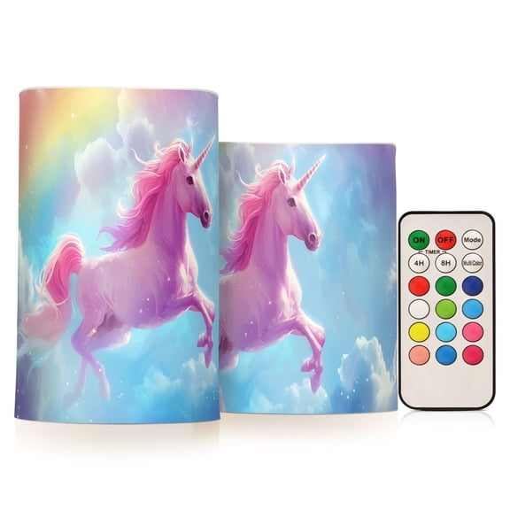 Pink Unicorn and Rainbow Flameless CandlesLED Lights Battery Operated Candles with Remote and Timers Flicker Lights Votive Set of 2