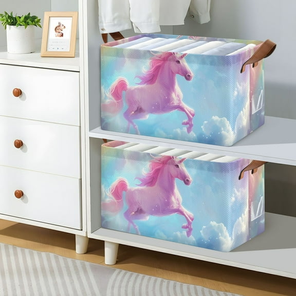 Pink Unicorn and Rainbow Foldable Storage Large Fabric Storage Baskets Organizer Storage Bins with Handles for Shelves