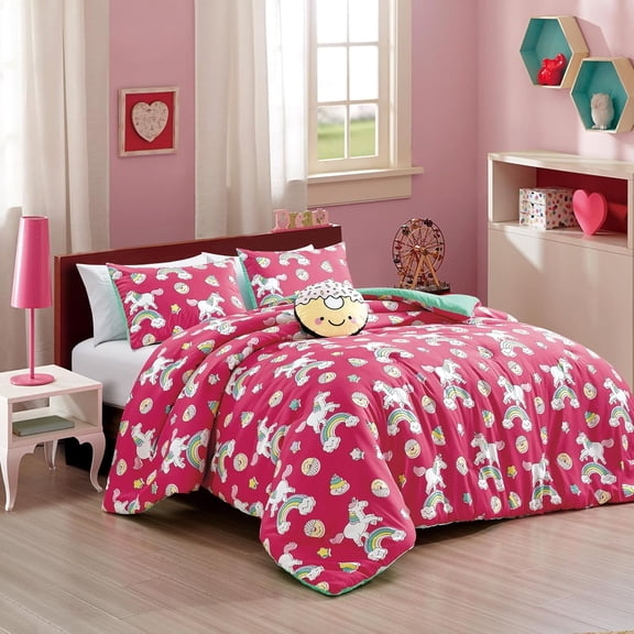 Pink Unicorn and Rainbow Kids Comforter Set Twin Size Hot Pink 3-Piece Kids Bedding with Cute Pattern Girls