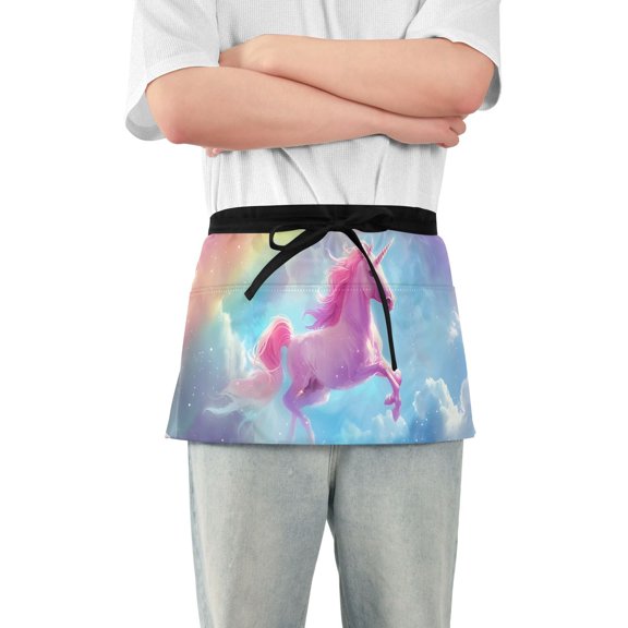 Pink Unicorn and Rainbow Waist Apron Adjustable Server Half Apron Kitchen Cooking with 3 Pockets for Men Women