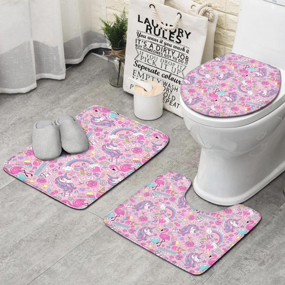 Pink Unicorns Flamingos Pattern Bathroom Rugs Sets 3 Piece,Toilet Cover Set,Absorbent Non Slip Bathroom Mats Sets with U-Shaped Contour Rug Toilet Rug Set