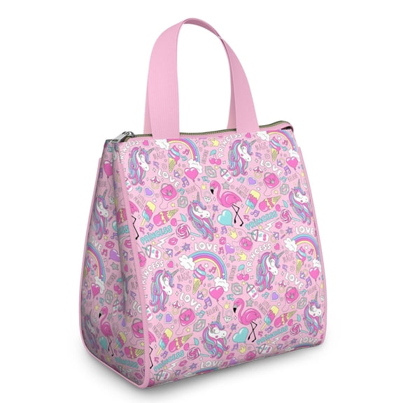 Pink Unicorns Flamingos Pattern Insulated Lunch Bag for Women & Adults,Large Portable Soft Cooler Lunch Bag,Thermal Food Storage Tote with Pearl Cotton,8.66L,8.75x5.75x9.5 Inch
