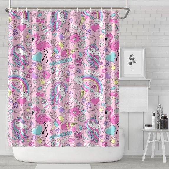Pink Unicorns Flamingos Pattern Shower Curtain 84"x72" ,Bathroom Decorative Shower Curtains Set with 12 Hooks,Modern Waterproof Washable Shower Curtain