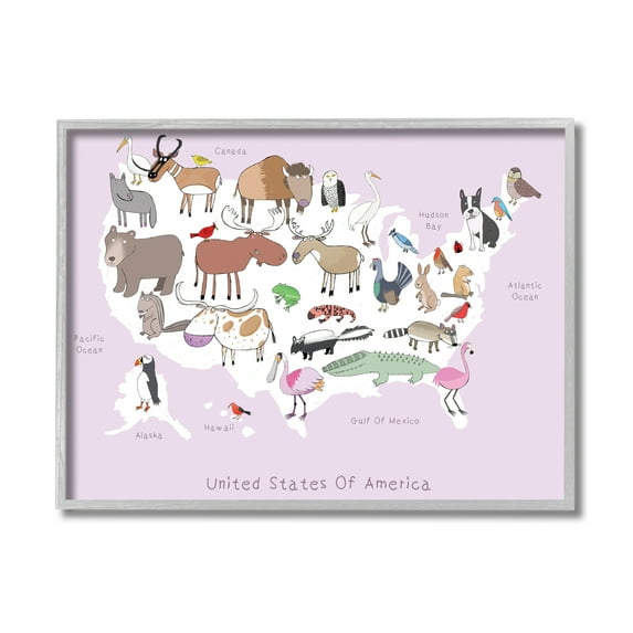 Pink United States Map of Wild Animals 20 in x 16 in Framed Painting Art Print, by Stupell Home Décor