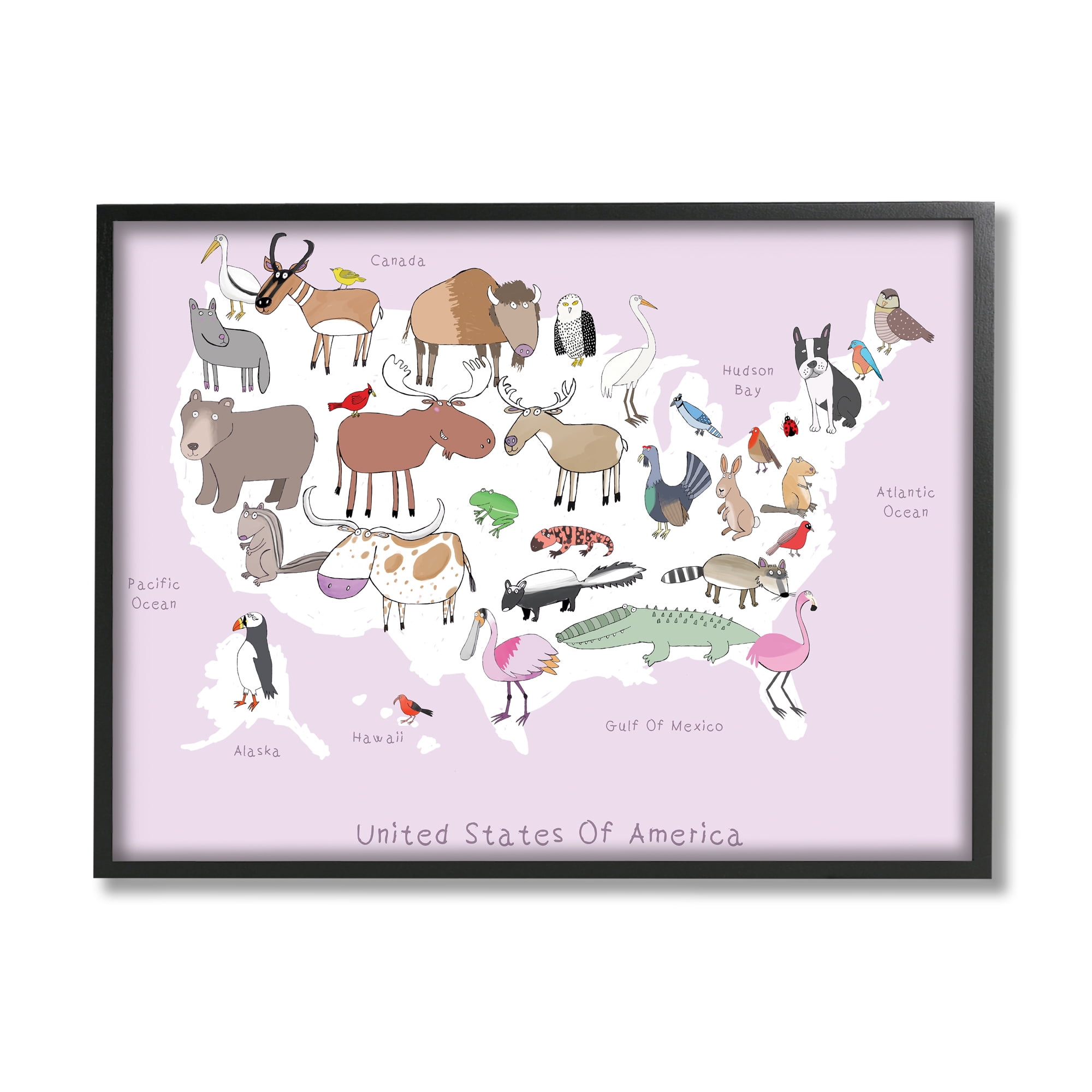 Pink United States Map of Wild Animals 20 in x 16 in Framed Painting Art Print, by Stupell Home Décor