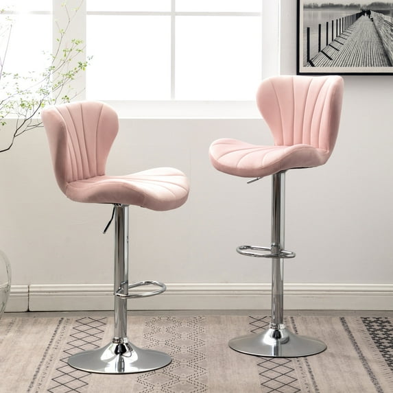 Pink Upholstered Barstool Set, 2 Units | 360-Degree Rotation and Height Control | Wavy Seat with Thick Foam | Footrest for Relaxed Bar Sitting