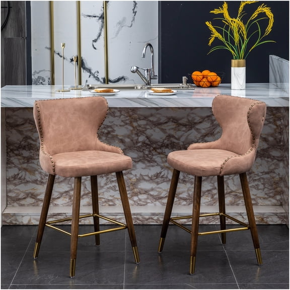 Pink Upholstered Counter Stools Set of 2, Mid-Century Modern Faux Leather Accent Stools with Tufted Back and Nailhead Trim