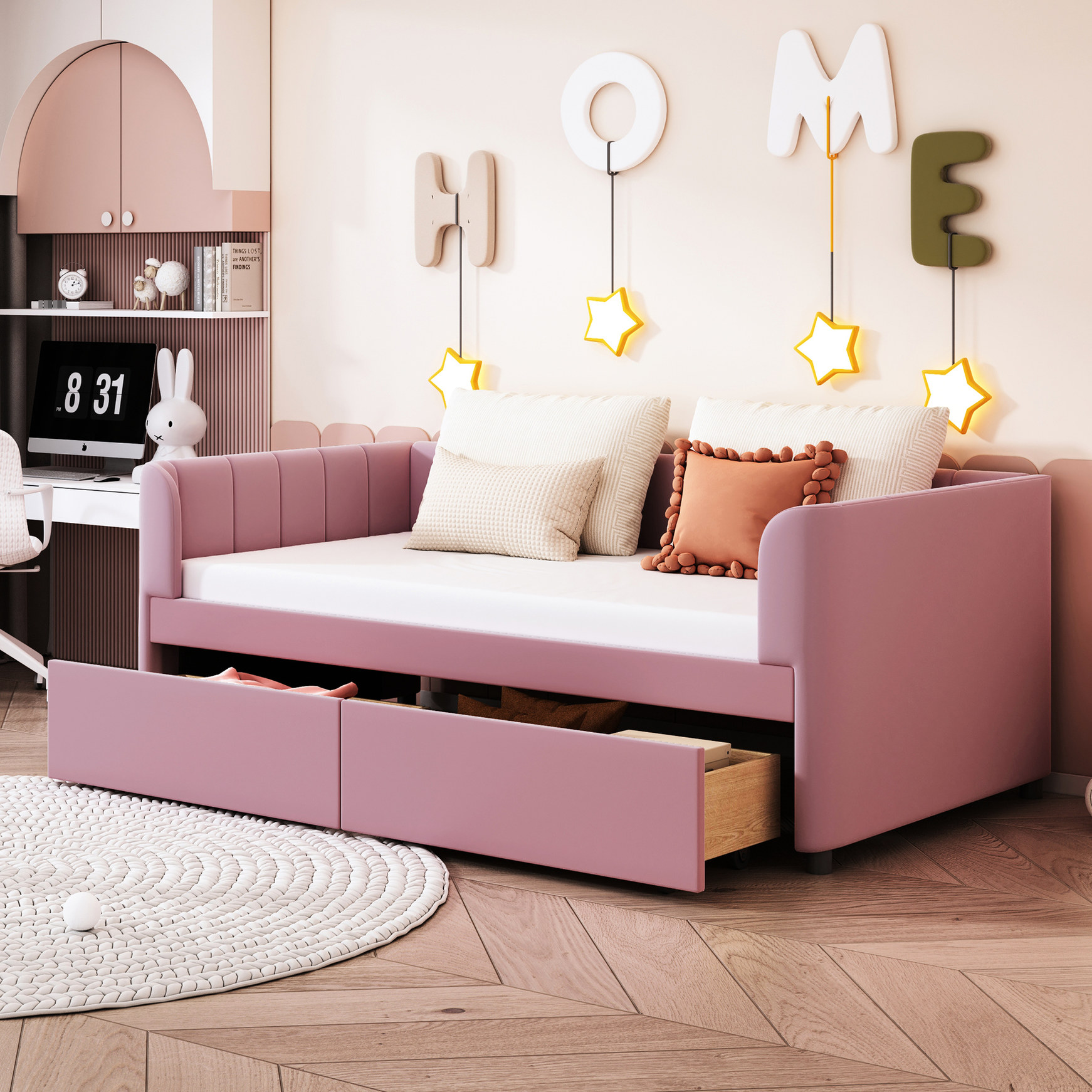 Pink Upholstered Daybed / Twin Size, Ergonomic Feature, 2 Drawers ...