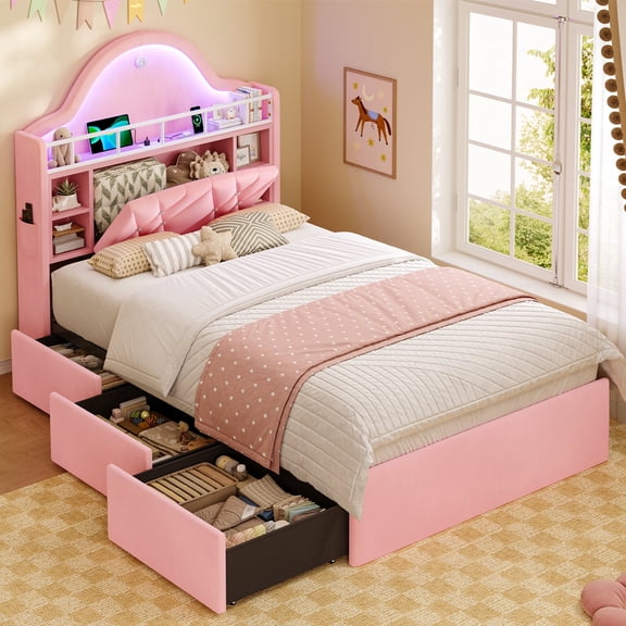 Pink Upholstered LED Princess Twin Size Bed Frame with Storage Headboard, Charging Station & 3 Drawers, No Box Spring Needed