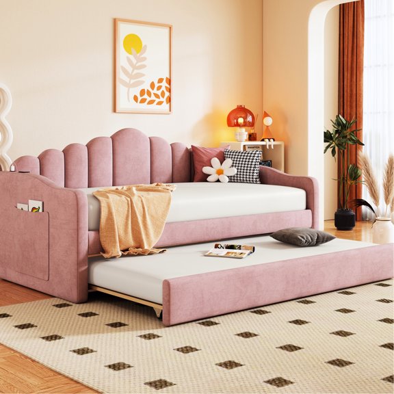 Pink Upholstered Twin Daybed with USB / Charge Devices and Add Elegance