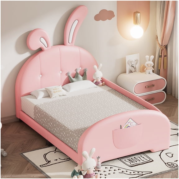 Pink Upholstered Twin Platform Bed, Rabbit Design with Wood Slat Support, Headboard Included