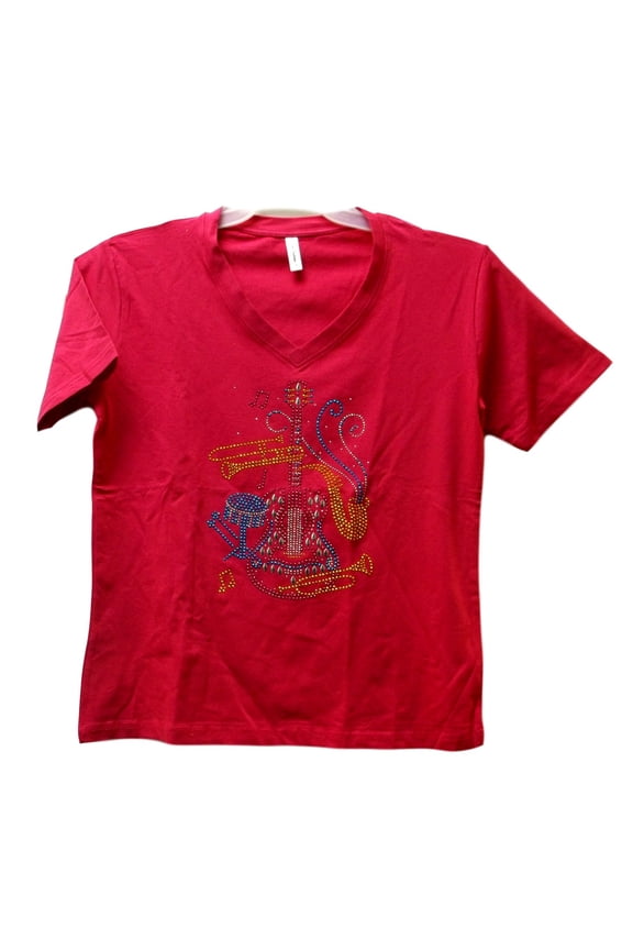Pink V Neck Knit SS T Shirt XXL Adult 2X Musical Instruments Bling Applique