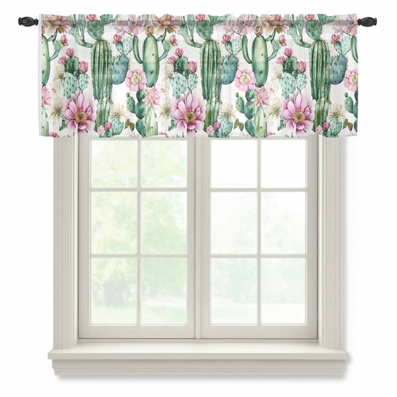 Pink Valance Curtains for Kitchen/Living Room/Bathroom/Bedroom Window, Rod Pocket Small Topper Half Short Window Curtains Voile Sheer Scarf, Green Cactus Pastoral Watercolor 54"x18"
