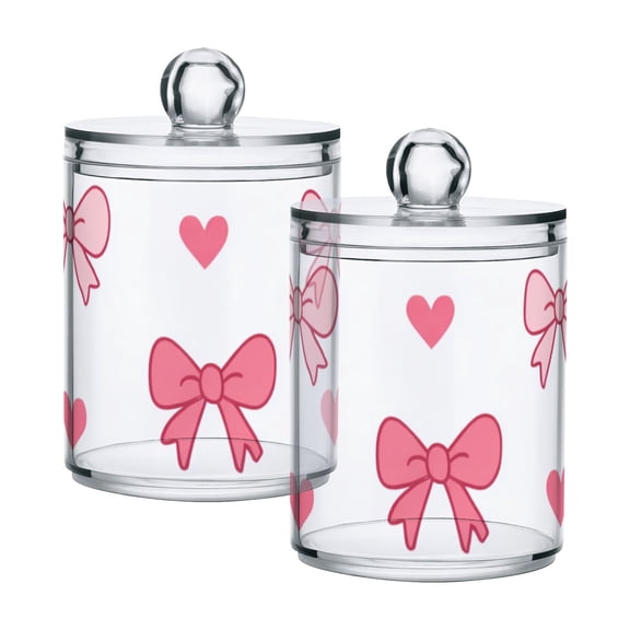 Pink Valentine Hearts Bows Translucent Plastic Cans Storage Canisters with Lid Set of 2