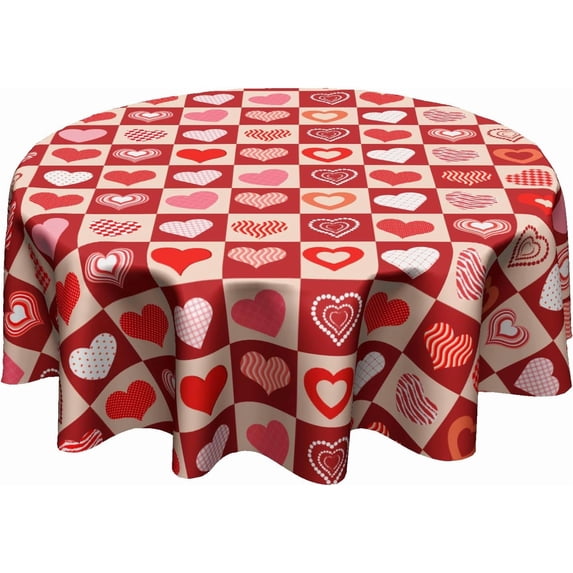 Pink Valentine Tablecloth Round - Red Hearts Table Cloths 60 Inch Valentines Buffalo Plaid Table Cover Circular Decorative for Picnic Party Holiday Home