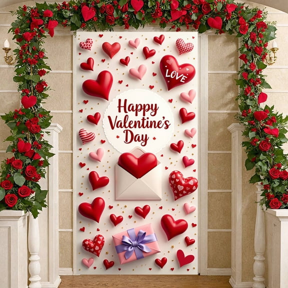 Pink Valentine's Banner Rose Decor Heart Backdrop Heart Pattern Romantic Design Love Display for Valentine's Party Romantic Date Couples Celebration