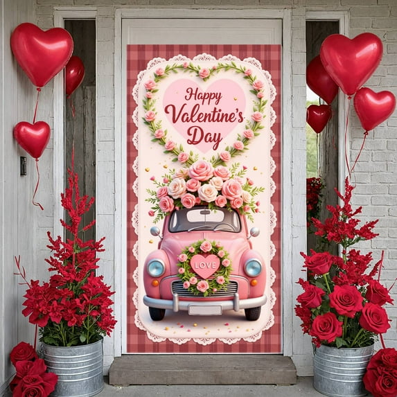 Pink Valentine's Day Banner Rose Decor Romantic Display Heart Shape Lace Border Heart Backdrop for Valentine's Day Party Romantic Date Wedding Decoration