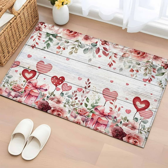 Pink Valentine's Day Bathroom Rug Washable 2x3 Entryway Rug Non Slip Spring Floral Wooden Love Heart Front Door Mat Low Pile Indoor Doormat Throw Floor Carpet for Kitchen Bedroom Entrance