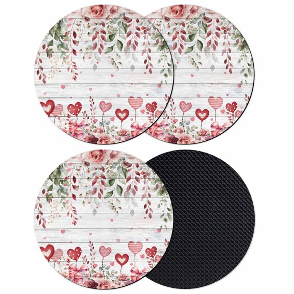 Pink Valentine's Day Coasters Set of 4, Absorbent Coasters for Drinks, Spring Floral Wooden Love Heart Coaster for Desk Coffee Table Protection, Home Decor House Warming Gifts 4"