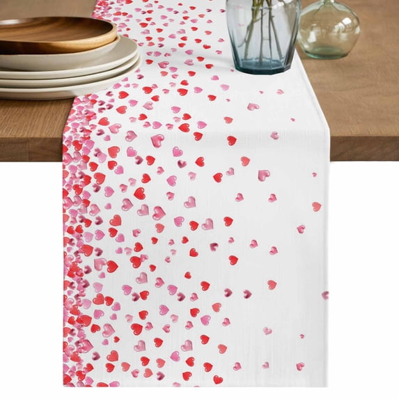 Pink Valentine's Day Cotton Linen Table Runner for Dining Kitchen, Love Heart Wedding Outdoor Party Tablerunners Decoration, Dresser Scarf Coffee Tablecloth Runners 13x120 Inches