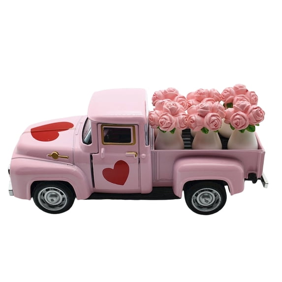 Pink Valentine's Day Decorations Farmhouse Vintage Truck with Pink Rose Bouquet Ornament Valentines Day Tiered Tray Decor Valentine Centerpieces for Tables Romantic Gifts for Her/Him (Pink)