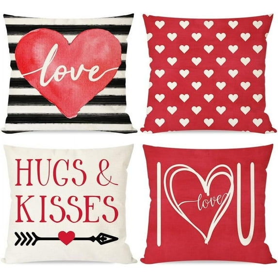 Pink Valentine''s Day Pillow Covers 18X18 Set of 4 Grey Stripes Heart I Love You for Valentines Day Decor Outdoor Valentine Decorative Throw Pillows Cushion Case Decorations for Couch
