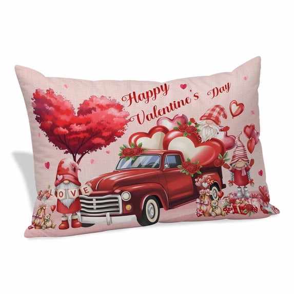 Pink Valentine's Day Pillow Covers, Linen Long Throw Pillow Case, Love Heart Gnomes Truck Roses Holiday Pillow Protector Decorative Cushion Cover for Living Room/Bedroom 12" x 20"