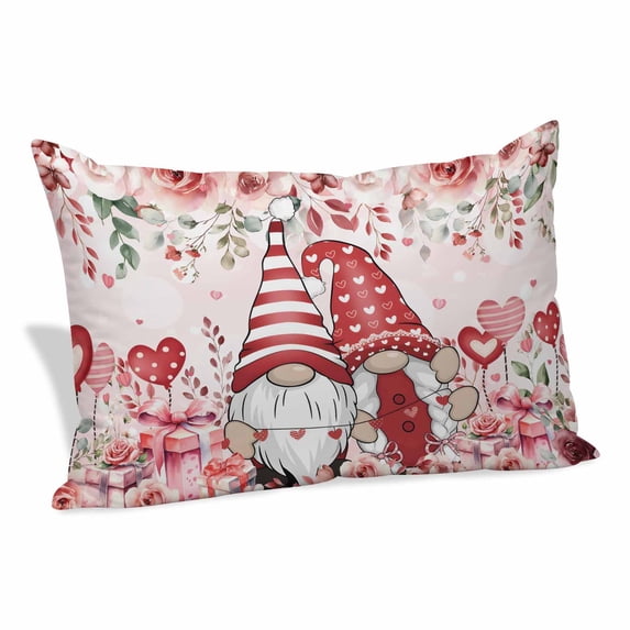 Pink Valentine's Day Pillow Covers, Linen Long Throw Pillow Case, Spring Floral Romance Roses Gnomes Holiday Pillow Protector Decorative Cushion Cover for Living Room/Bedroom 12" x 20"