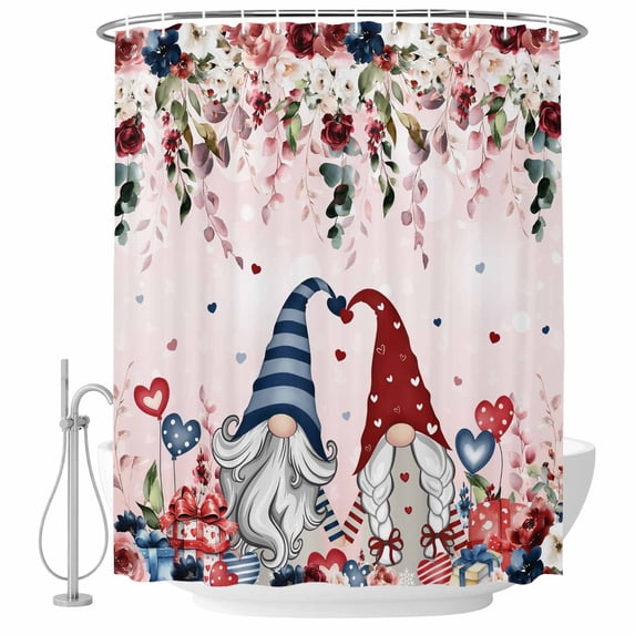 Pink Valentine's Day Shower Curtain Set - Extra Long 72" x 96" Washable Bathtub Curtain with 12 Hooks, Spring Floral Eucalyptus Leaves Gnomes Waterproof Fabric Shower Curtains for Bathroom Décor