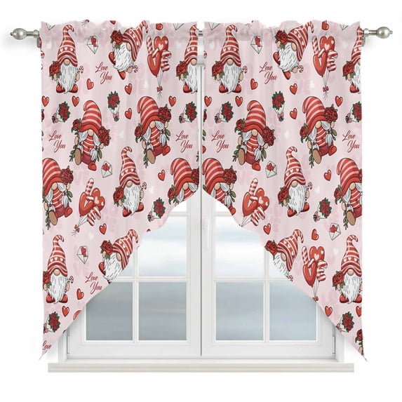 Pink Valentine's Day Swag Valances for Windows, Kitchen Curtains 36 Inch Length 2 Panels Set, Cute Gnomes Red Love Roses Short Curtains for Small Windows Rod Pocket Cafe Curtains Drapes 28"x36"