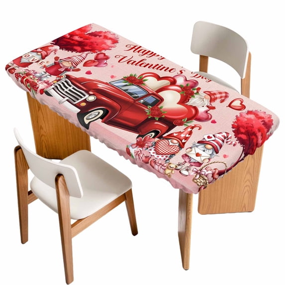 Pink Valentine's Day Table Cloths for 3 Foot Rectangle Tables, Love Heart Gnomes Truck Roses Patio Waterproof Elastic Fitted Tablecloths, Washable Rectangular Table Cover for Camping