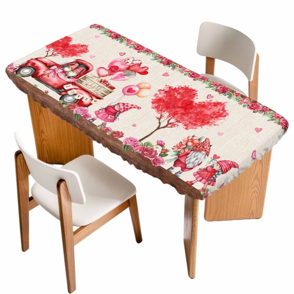 Pink Valentine's Day Table Cloths for 3 Foot Rectangle Tables, Love Heart Romantic Roses Gnomes Truck Patio Waterproof Elastic Fitted Tablecloths, Washable Rectangular Table Cover for Camping