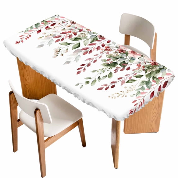Pink Valentine's Day Table Cloths for 3 Foot Rectangle Tables, Romantic Roses Spring Floral Patio Waterproof Elastic Fitted Tablecloths, Washable Rectangular Table Cover for Camping