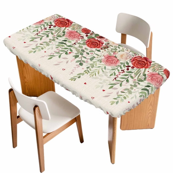 Pink Valentine's Day Table Cloths for 3 Foot Rectangle Tables, Romantic Roses Weeping Watercolor Rustic Patio Waterproof Elastic Fitted Tablecloths, Washable Rectangular Table Cover for Camping