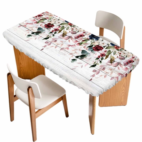 Pink Valentine's Day Table Cloths for 3 Foot Rectangle Tables, Spring Floral Eucalyptus Leaves Wooden Patio Waterproof Elastic Fitted Tablecloths, Washable Rectangular Table Cover for Camping