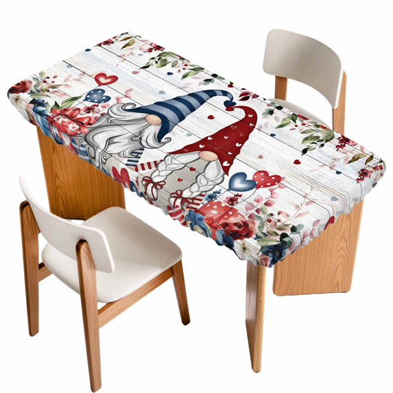 Pink Valentine's Day Table Cloths for 4 Foot Rectangle Tables, Gnomes Floral Eucalyptus Leaves Wooden Patio Waterproof Elastic Fitted Tablecloths, Washable Rectangular Table Cover for Camping