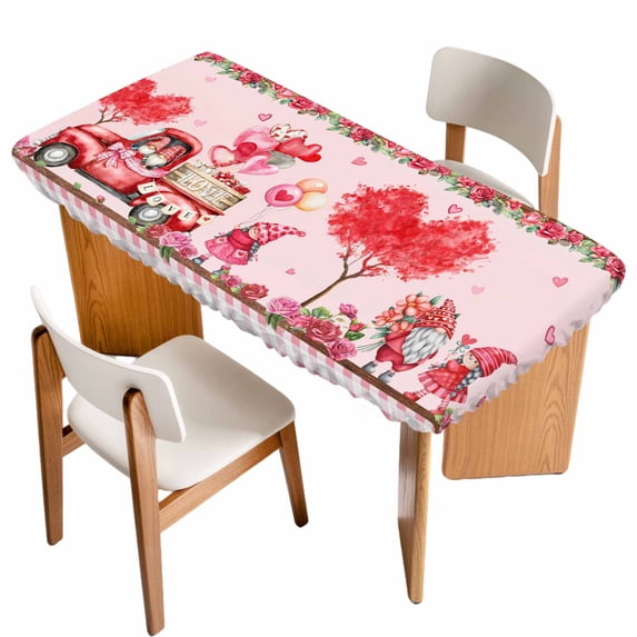 Pink Valentine's Day Table Cloths for 5 Foot Rectangle Tables, Love Heart Roses Gnomes Truck Patio Waterproof Elastic Fitted Tablecloths, Washable Rectangular Table Cover for Camping