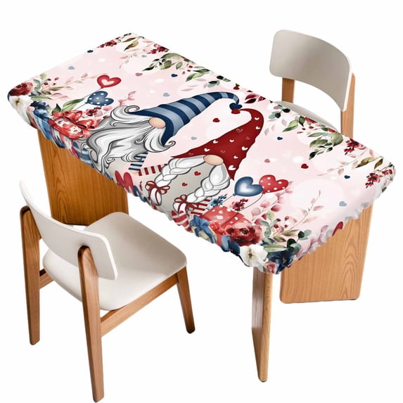 Pink Valentine's Day Table Cloths for 5 Foot Rectangle Tables, Spring Floral Eucalyptus Leaves Gnomes Patio Waterproof Elastic Fitted Tablecloths, Washable Rectangular Table Cover for Camping