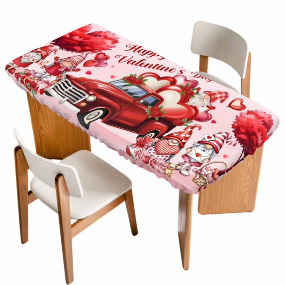Pink Valentine's Day Table Cloths for 6 Foot Rectangle Tables, Love Heart Truck Roses Gnomes Patio Waterproof Elastic Fitted Tablecloths, Washable Rectangular Table Cover for Camping