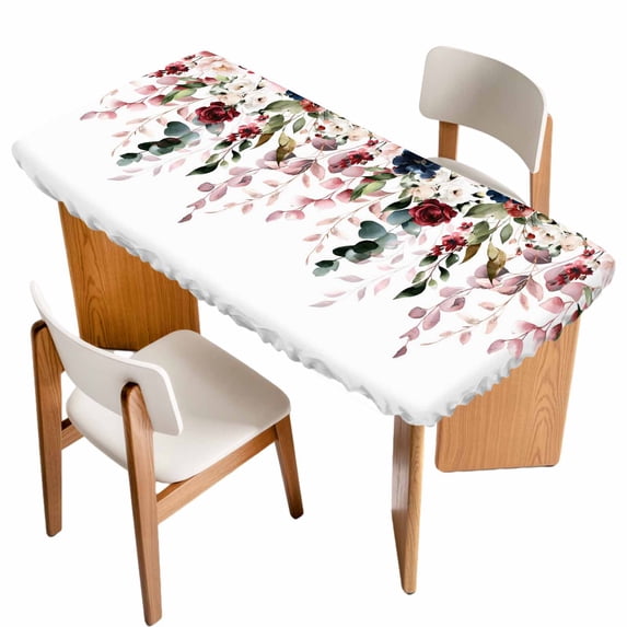Pink Valentine's Day Table Cloths for 6 Foot Rectangle Tables, Spring Floral Farmhouse Patio Waterproof Elastic Fitted Tablecloths, Washable Rectangular Table Cover for Camping