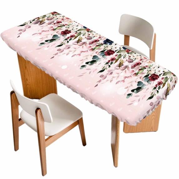 Pink Valentine's Day Table Cloths for 8 Foot Rectangle Tables, Spring Floral Eucalyptus Leaves Patio Waterproof Elastic Fitted Tablecloths, Washable Rectangular Table Cover for Camping