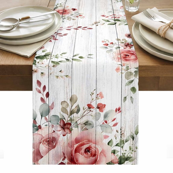 Pink Valentine's Day Table Runner - 108 Inch Long, Kitchen Dining Table Runner Dresser Scarves, Roses Spring Floral Wooden Farmhouse Farmhouse Decor for Coffee Tables Wedding Party Banquet