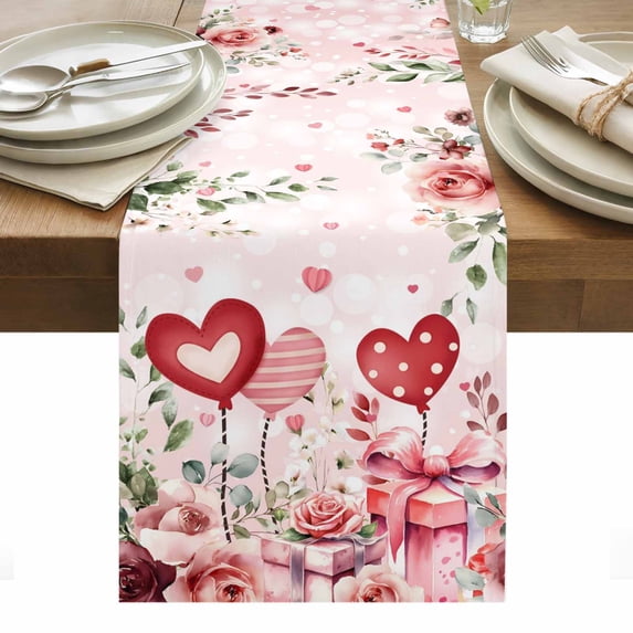 Pink Valentine's Day Table Runner - 108 Inch Long, Kitchen Dining Table Runner Dresser Scarves, Spring Floral Romance Love Heart Roses Farmhouse Decor for Coffee Tables Wedding Party Banquet