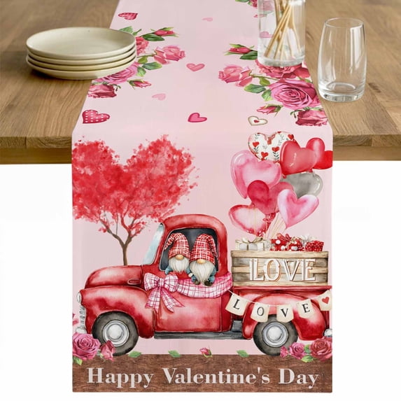 Pink Valentine's Day Table Runner 36 Inches Long Farmhouse Dress Scarves, Love Heart Roses Gnomes Truck Dining Tablerunner for Coffee Table/Kitchen Island/Party Décor, Small 13" x 36"